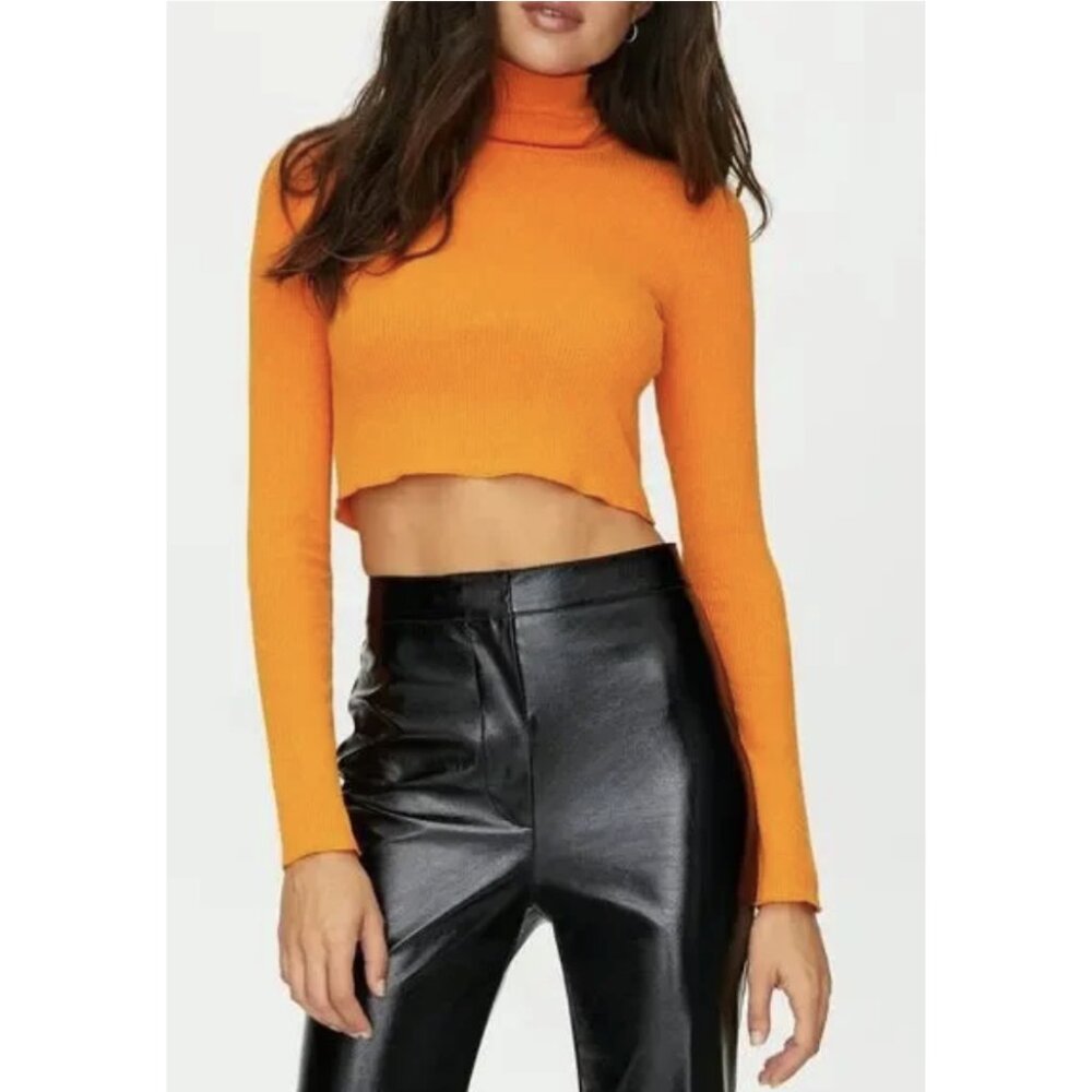 ARITZIA WILFRED Nova Ribbed Turtleneck Cropped Top in Orange Burst Small Y2K